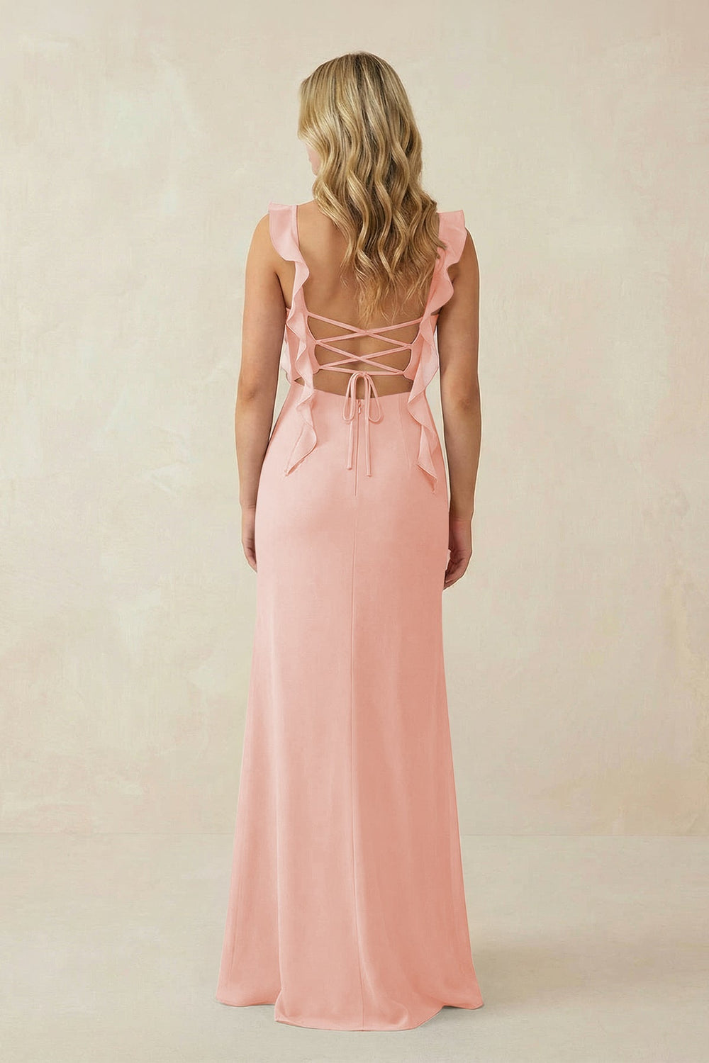 Ruffled Sleeve Ruched Sheath Chiffon Bridesmaid Dress in Rose Petal - KISS BRIDAL BRIDESMAID DRESSES