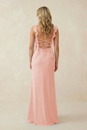 Ruffled Sleeve Ruched Sheath Chiffon Bridesmaid Dress in Rose Petal - SHE IS ME BRIDESMAID DRESSES