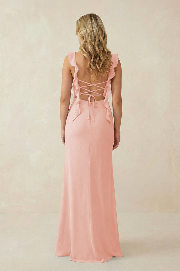 Ruffled Sleeve Ruched Sheath Chiffon Bridesmaid Dress in Rose Petal - SHE IS ME BRIDESMAID DRESSES