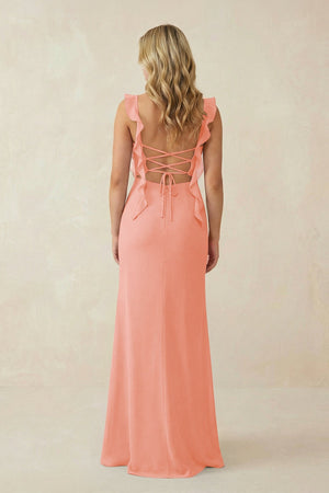 Ruffled Sleeve Ruched Sheath Chiffon Bridesmaid Dress in Rosette - SHE IS ME BRIDESMAID DRESSES