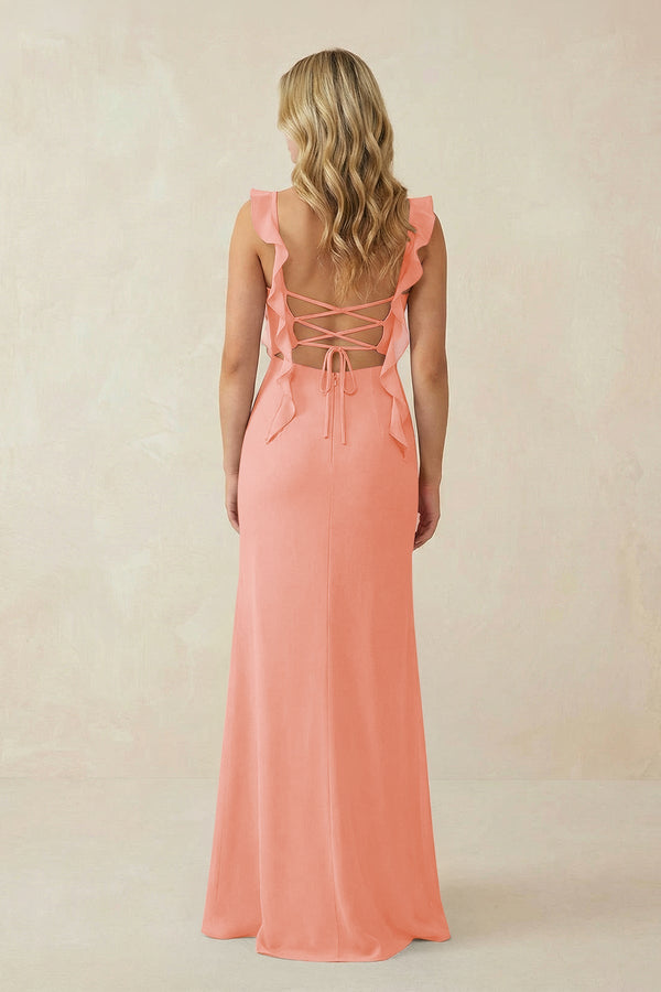 Ruffled Sleeve Ruched Sheath Chiffon Bridesmaid Dress in Rosette - SHE IS ME BRIDESMAID DRESSES