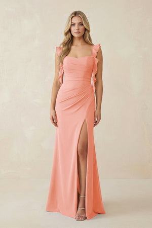 Ruffled Sleeve Ruched Sheath Chiffon Bridesmaid Dress in Rosette - SHE IS ME BRIDESMAID DRESSES