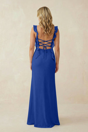Ruffled Sleeve Ruched Sheath Chiffon Bridesmaid Dress in Royal Blue - SHE IS ME BRIDESMAID DRESSES