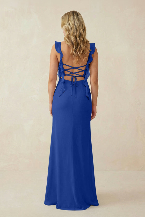Ruffled Sleeve Ruched Sheath Chiffon Bridesmaid Dress in Royal Blue - SHE IS ME BRIDESMAID DRESSES