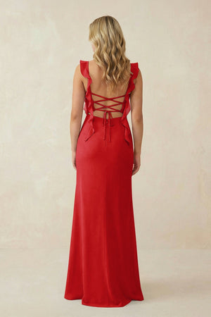 Ruffled Sleeve Ruched Sheath Chiffon Bridesmaid Dress in Ruby Red - SHE IS ME BRIDESMAID DRESSES