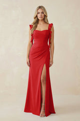Ruffled Sleeve Ruched Sheath Chiffon Bridesmaid Dress in Ruby Red - KISS BRIDAL BRIDESMAID DRESSES