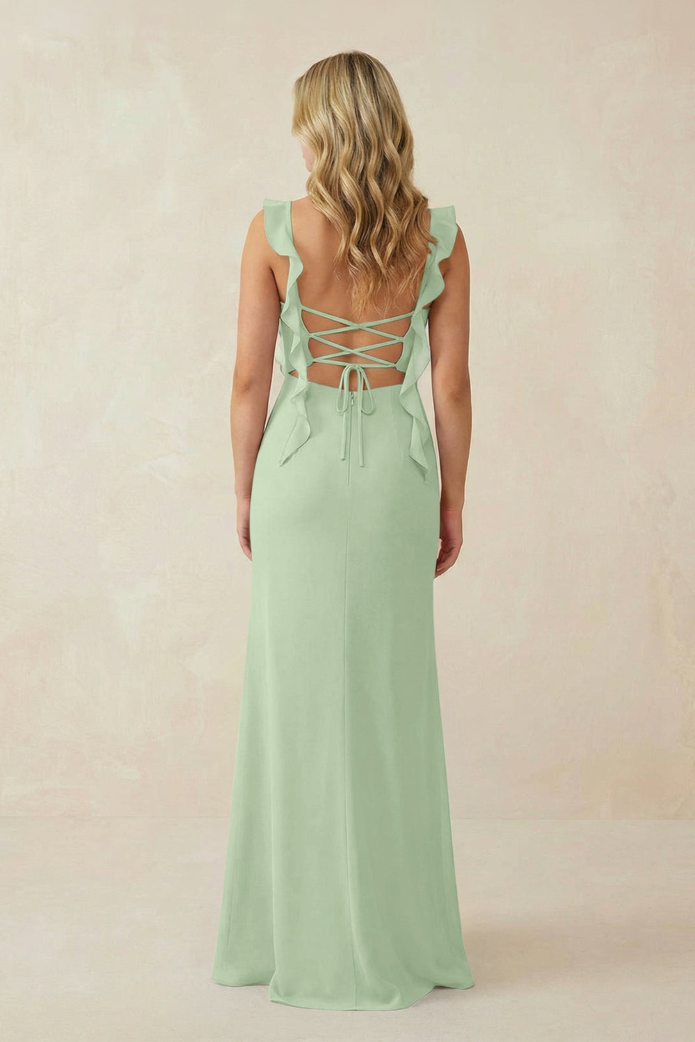 Ruffled Sleeve Ruched Sheath Chiffon Bridesmaid Dress in Sage - KISS BRIDAL BRIDESMAID DRESSES