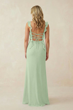 Ruffled Sleeve Ruched Sheath Chiffon Bridesmaid Dress in Sage - SHE IS ME BRIDESMAID DRESSES