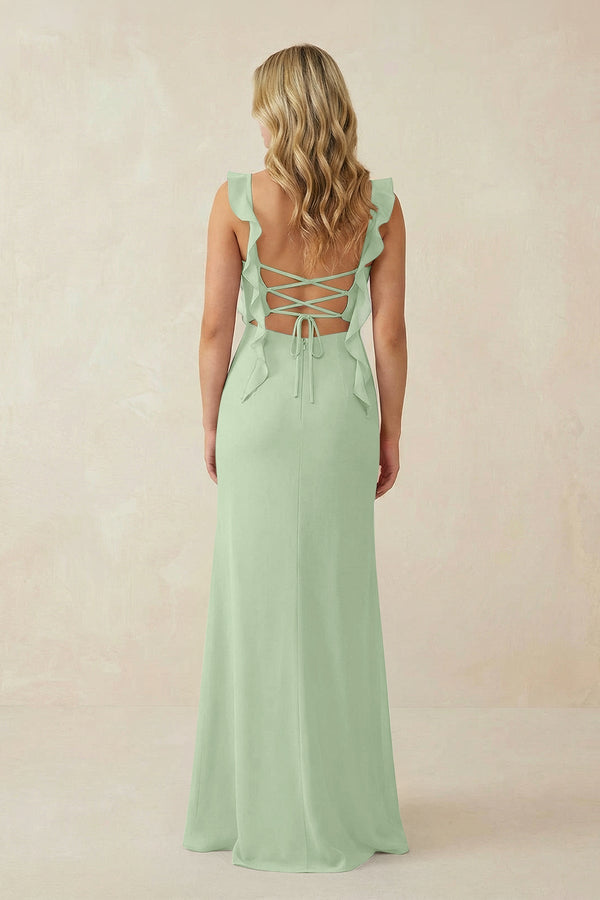 Ruffled Sleeve Ruched Sheath Chiffon Bridesmaid Dress in Sage - SHE IS ME BRIDESMAID DRESSES