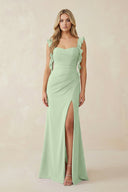 Ruffled Sleeve Ruched Sheath Chiffon Bridesmaid Dress in Sage - SHE IS ME BRIDESMAID DRESSES