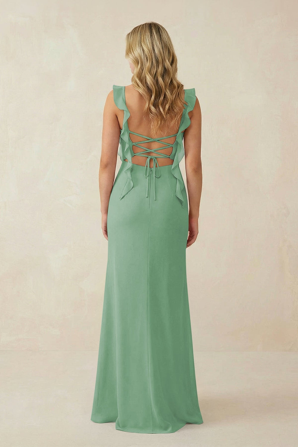 Ruffled Sleeve Ruched Sheath Chiffon Bridesmaid Dress in Sea Glass - KISS BRIDAL BRIDESMAID DRESSES