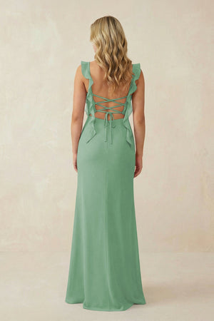 Ruffled Sleeve Ruched Sheath Chiffon Bridesmaid Dress in Sea Glass - SHE IS ME BRIDESMAID DRESSES