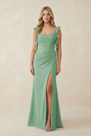 Ruffled Sleeve Ruched Sheath Chiffon Bridesmaid Dress in Sea Glass - SHE IS ME BRIDESMAID DRESSES