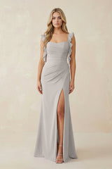 Ruffled Sleeve Ruched Sheath Chiffon Bridesmaid Dress in Silver - KISS BRIDAL BRIDESMAID DRESSES