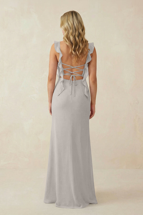 Ruffled Sleeve Ruched Sheath Chiffon Bridesmaid Dress in Silver - SHE IS ME BRIDESMAID DRESSES
