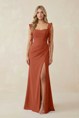 Ruffled Sleeve Ruched Sheath Chiffon Bridesmaid Dress in Spice - KISS BRIDAL BRIDESMAID DRESSES