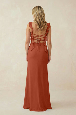 Ruffled Sleeve Ruched Sheath Chiffon Bridesmaid Dress in Spice - SHE IS ME BRIDESMAID DRESSES