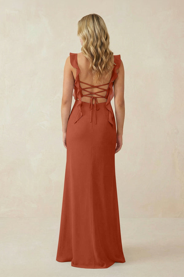 Ruffled Sleeve Ruched Sheath Chiffon Bridesmaid Dress in Spice - SHE IS ME BRIDESMAID DRESSES