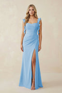 Ruffled Sleeve Ruched Sheath Chiffon Bridesmaid Dress in Steel Blue - SHE IS ME BRIDESMAID DRESSES