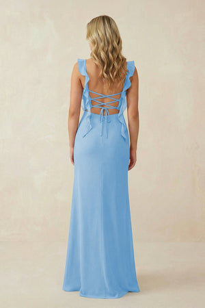 Ruffled Sleeve Ruched Sheath Chiffon Bridesmaid Dress in Steel Blue - SHE IS ME BRIDESMAID DRESSES