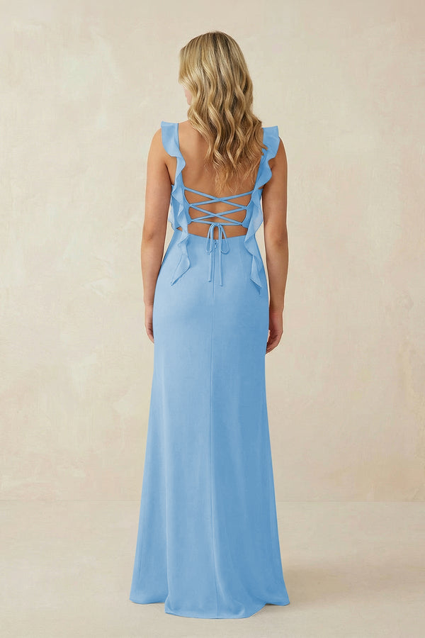 Ruffled Sleeve Ruched Sheath Chiffon Bridesmaid Dress in Steel Blue - SHE IS ME BRIDESMAID DRESSES