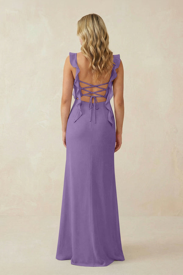 Ruffled Sleeve Ruched Sheath Chiffon Bridesmaid Dress in Tahiti - SHE IS ME BRIDESMAID DRESSES