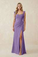 Ruffled Sleeve Ruched Sheath Chiffon Bridesmaid Dress in Tahiti - SHE IS ME BRIDESMAID DRESSES