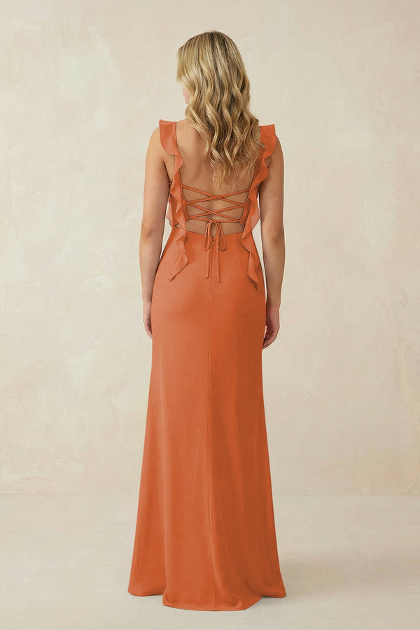 Ruffled Sleeve Ruched Sheath Chiffon Bridesmaid Dress in Terracotta - SHE IS ME BRIDESMAID DRESSES