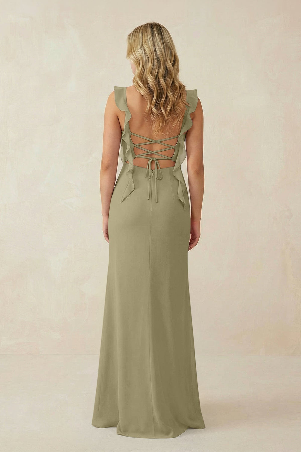Ruffled Sleeve Ruched Sheath Chiffon Bridesmaid Dress in Thyme - KISS BRIDAL BRIDESMAID DRESSES