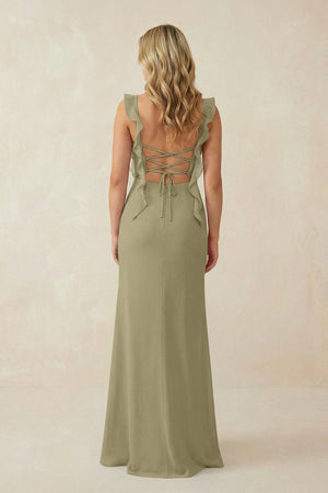 Ruffled Sleeve Ruched Sheath Chiffon Bridesmaid Dress in Thyme - SHE IS ME BRIDESMAID DRESSES