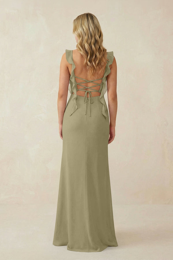 Ruffled Sleeve Ruched Sheath Chiffon Bridesmaid Dress in Thyme - SHE IS ME BRIDESMAID DRESSES