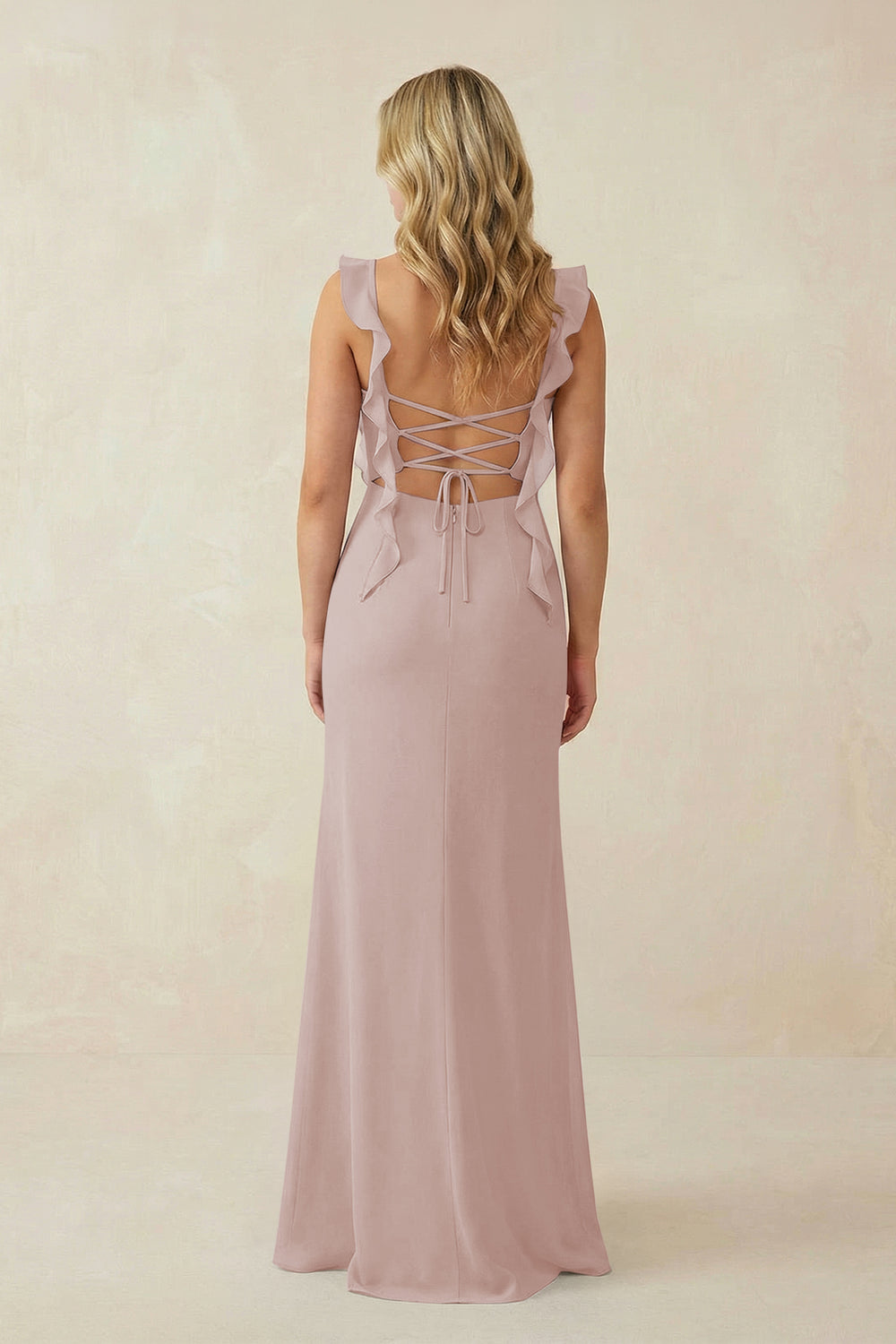 Ruffled Sleeve Ruched Sheath Chiffon Bridesmaid Dress in Toffee