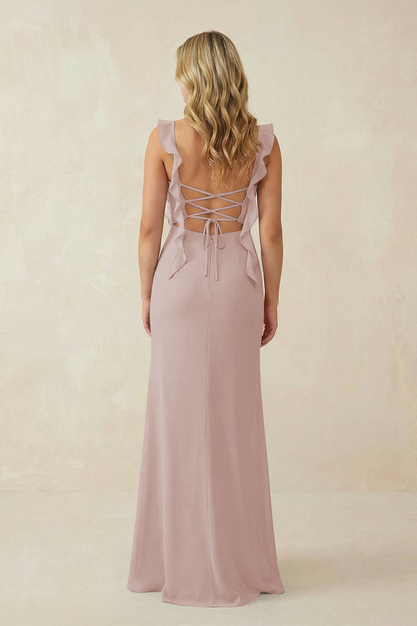 Ruffled Sleeve Ruched Sheath Chiffon Bridesmaid Dress in Toffee (2) | KISSBRIDAL