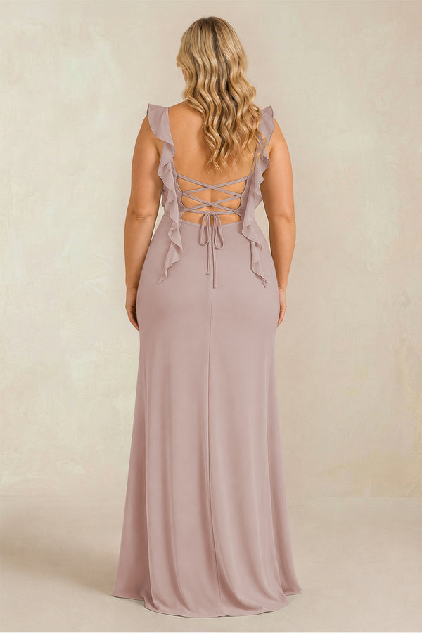 Ruffled Sleeve Ruched Sheath Chiffon Bridesmaid Dress in Toffee (4) [sizeplus] | KISSBRIDAL