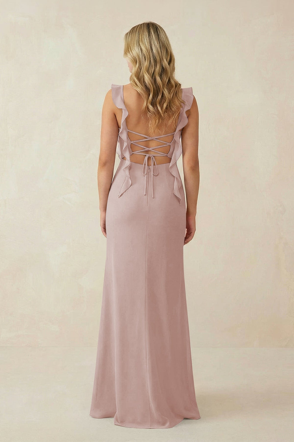 Ruffled Sleeve Ruched Sheath Chiffon Bridesmaid Dress in Toffee - KISS BRIDAL BRIDESMAID DRESSES
