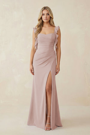 Ruffled Sleeve Ruched Sheath Chiffon Bridesmaid Dress in Toffee | KISSBRIDAL
