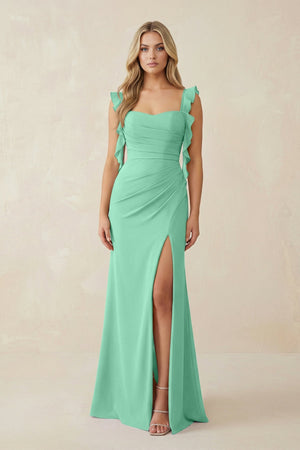 Ruffled Sleeve Ruched Sheath Chiffon Bridesmaid Dress in Turquoise - SHE IS ME BRIDESMAID DRESSES