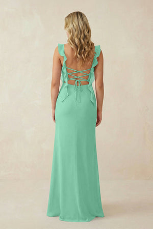 Ruffled Sleeve Ruched Sheath Chiffon Bridesmaid Dress in Turquoise - SHE IS ME BRIDESMAID DRESSES