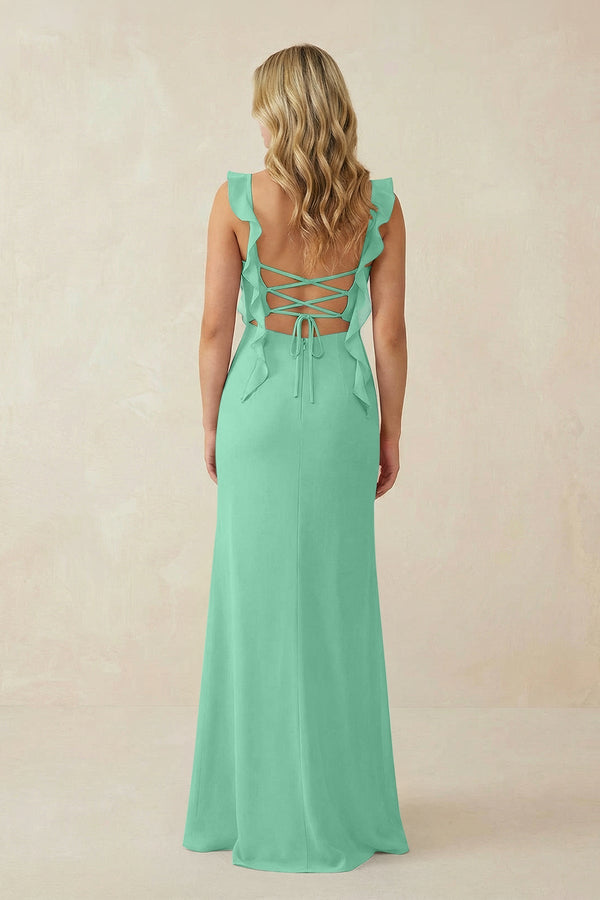 Ruffled Sleeve Ruched Sheath Chiffon Bridesmaid Dress in Turquoise - SHE IS ME BRIDESMAID DRESSES
