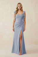 Ruffled Sleeve Ruched Sheath Chiffon Bridesmaid Dress in Twilight - SHE IS ME BRIDESMAID DRESSES