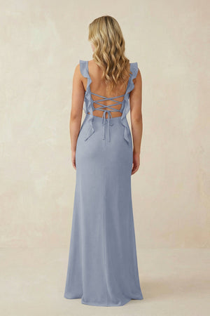 Ruffled Sleeve Ruched Sheath Chiffon Bridesmaid Dress in Twilight - SHE IS ME BRIDESMAID DRESSES
