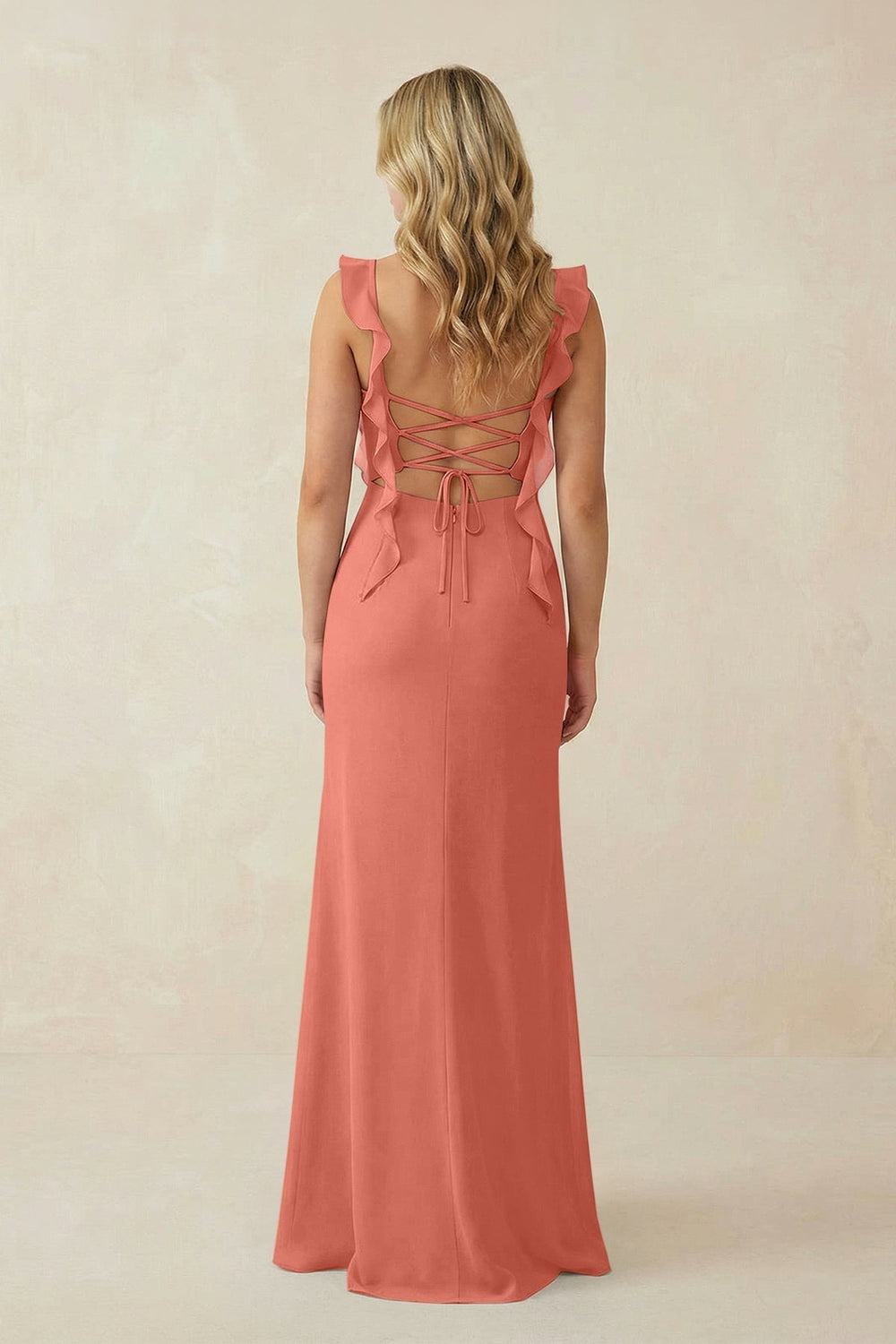 Ruffled Sleeve Ruched Sheath Chiffon Bridesmaid Dress in Wild Rose - KISS BRIDAL BRIDESMAID DRESSES