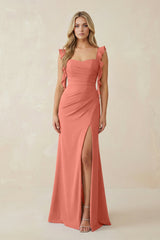 Ruffled Sleeve Ruched Sheath Chiffon Bridesmaid Dress in Wild Rose - KISS BRIDAL BRIDESMAID DRESSES
