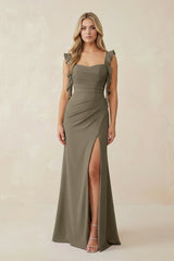 Ruffled Sleeve Ruched Sheath Chiffon Bridesmaid Dress in Willow Green - KISS BRIDAL BRIDESMAID DRESSES