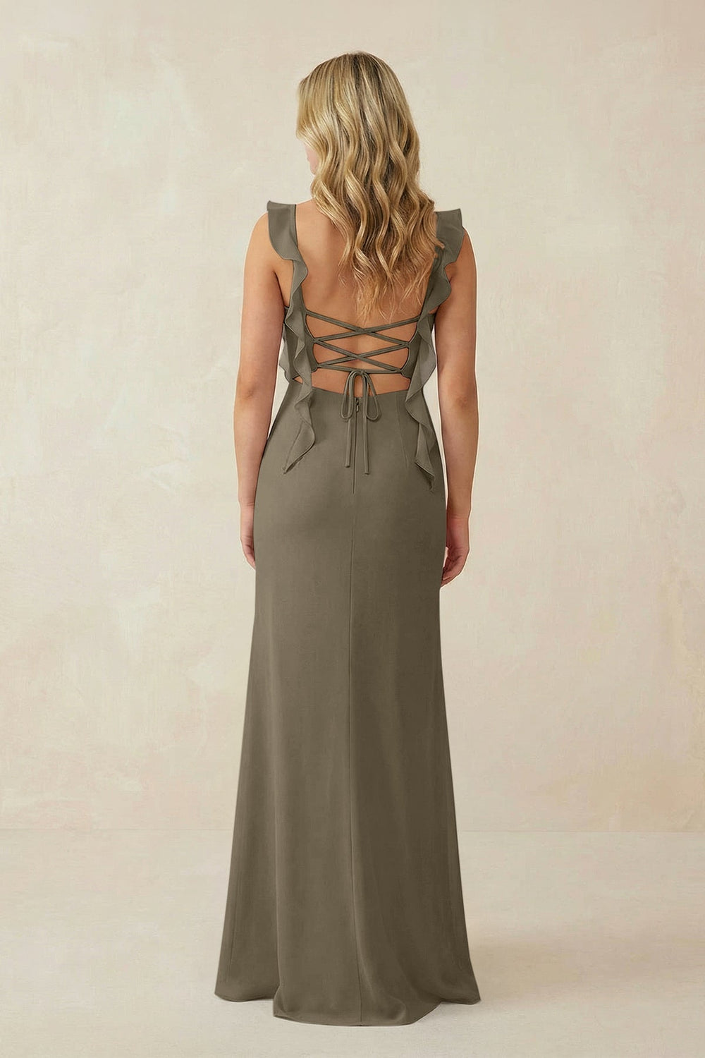 Ruffled Sleeve Ruched Sheath Chiffon Bridesmaid Dress in Willow Green - KISS BRIDAL BRIDESMAID DRESSES