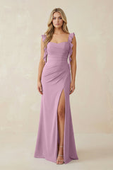 Ruffled Sleeve Ruched Sheath Chiffon Bridesmaid Dress in Wisteria - KISS BRIDAL BRIDESMAID DRESSES