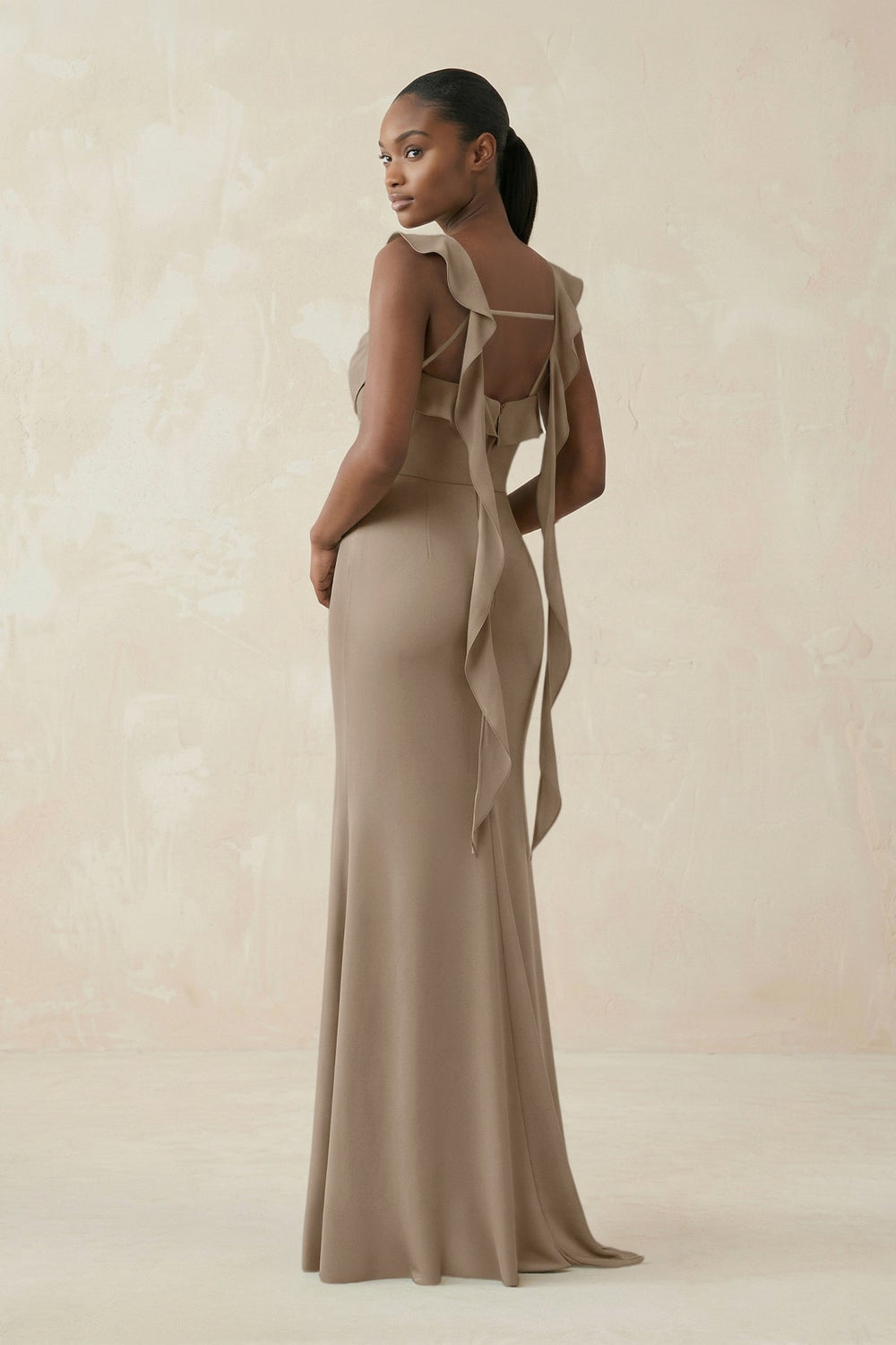 Ruffled Sleeve Sheath Satin Bridesmaid Dress in Almond - KISS BRIDAL Bridesmaid Dresses