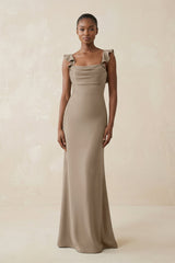 Ruffled Sleeve Sheath Satin Bridesmaid Dress in Almond - KISS BRIDAL Bridesmaid Dresses