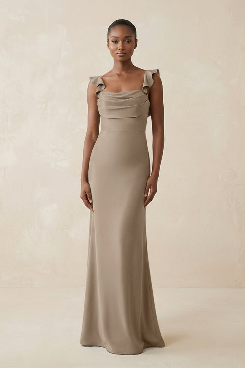 Ruffled Sleeve Sheath Satin Bridesmaid Dress in Almond - KISS BRIDAL Bridesmaid Dresses