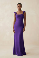 Ruffled Sleeve Sheath Satin Bridesmaid Dress in Amethyst - KISS BRIDAL Bridesmaid Dresses